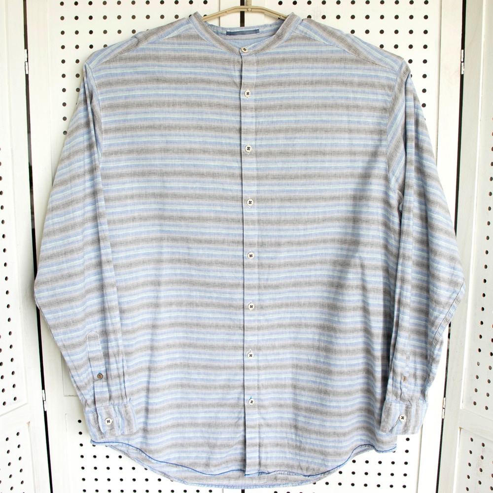 Caribbean Men SIZE XL Blue Linen Blend Stripe LS Button Up Shirt Band Collar - Picture 1 of 9